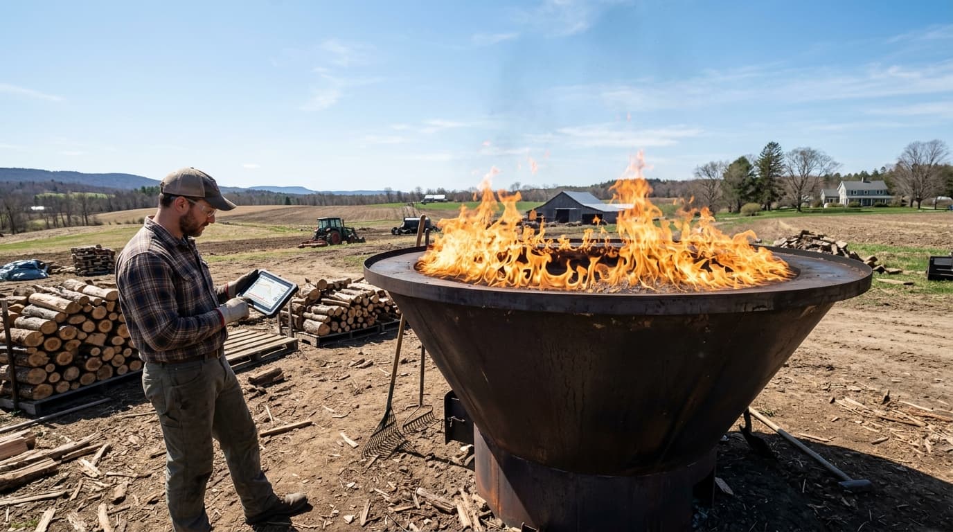 Biochar production site with Kon-Tiki kiln and operator safely monitoring telemetry wirelessly